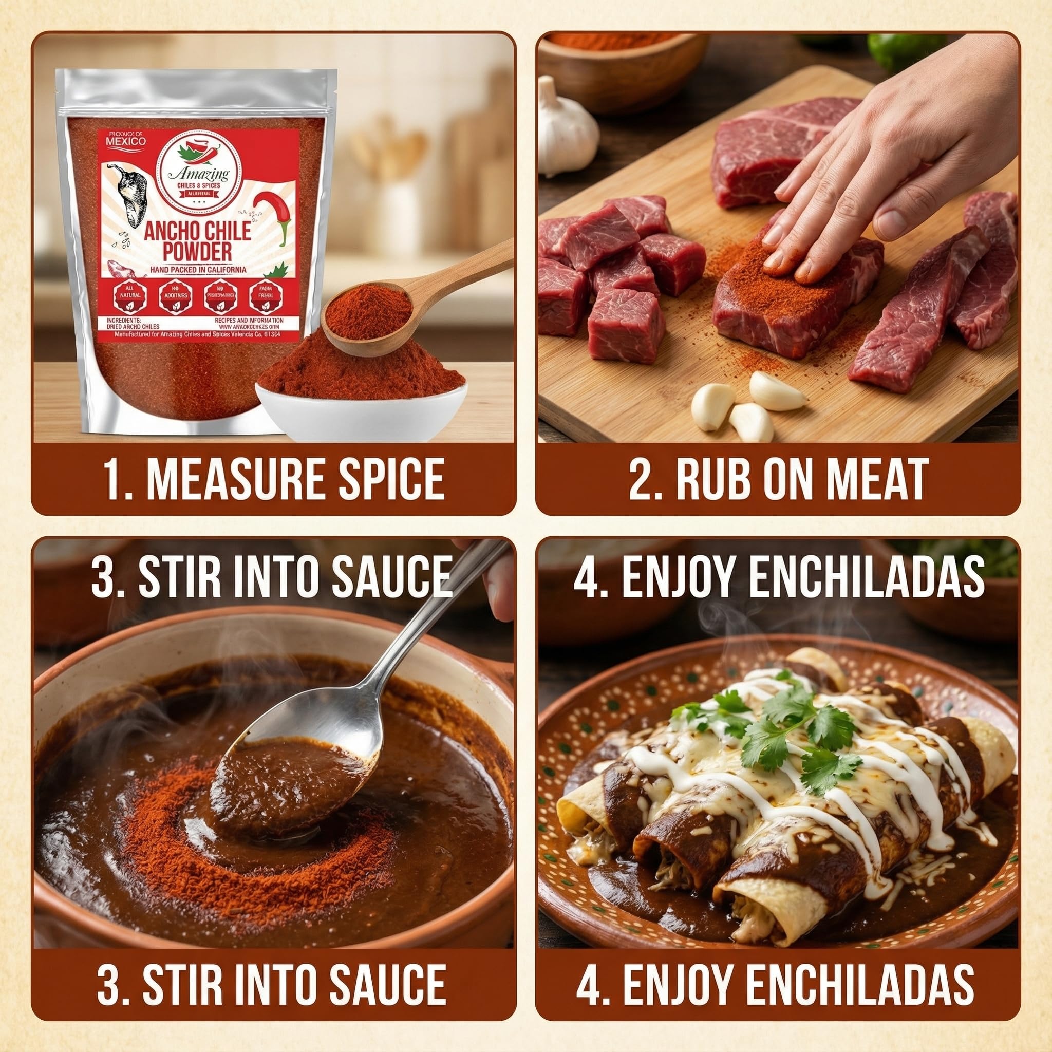 Amazing Chiles & Spices ancho powder enriches stews with mild to medium heat.