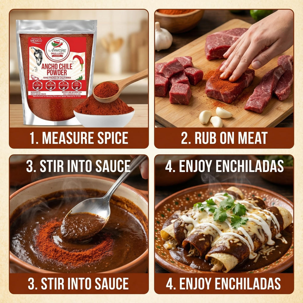 Amazing Chiles & Spices ancho powder enriches stews with mild to medium heat.