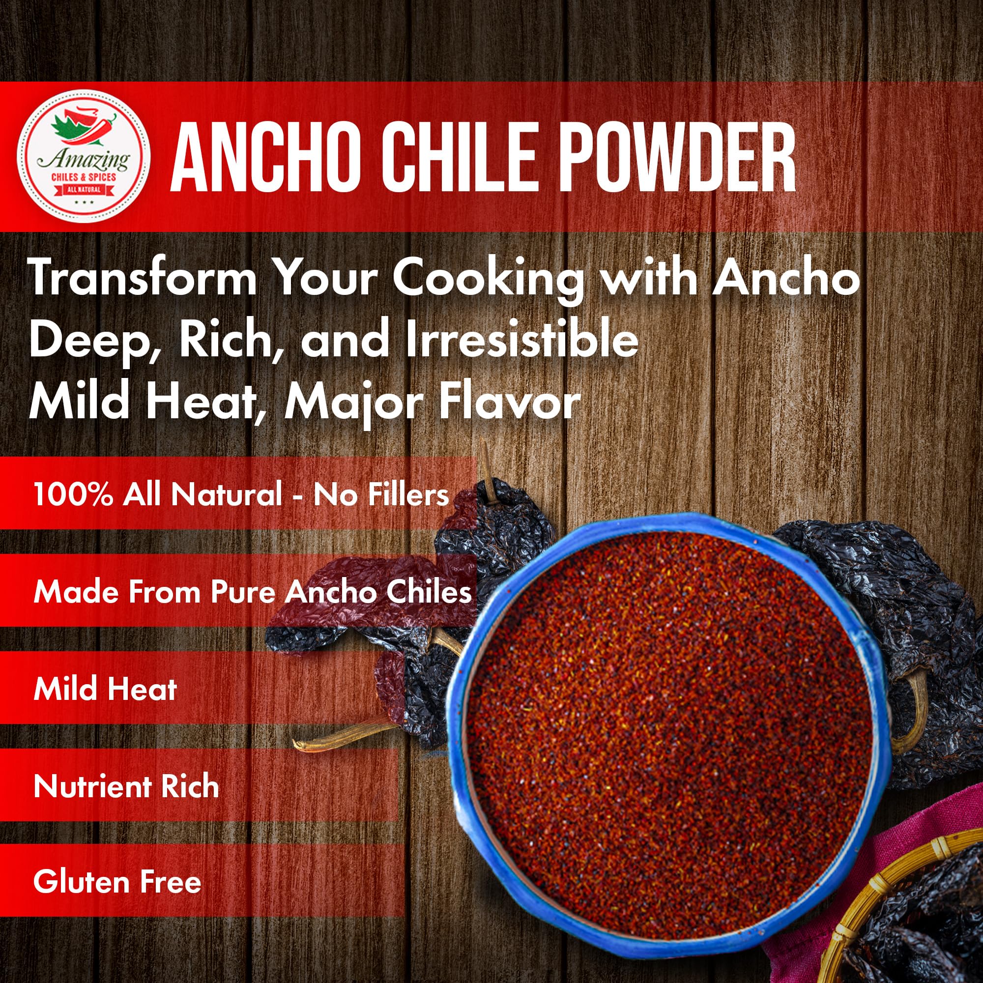 Amazing Chiles & Spices ancho powder spoon highlights spice without overpowering heat.