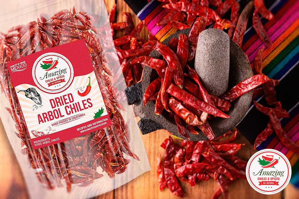 Amazing Chiles and Spices arbol closeup shows dried peppers ready to heat dishes.
