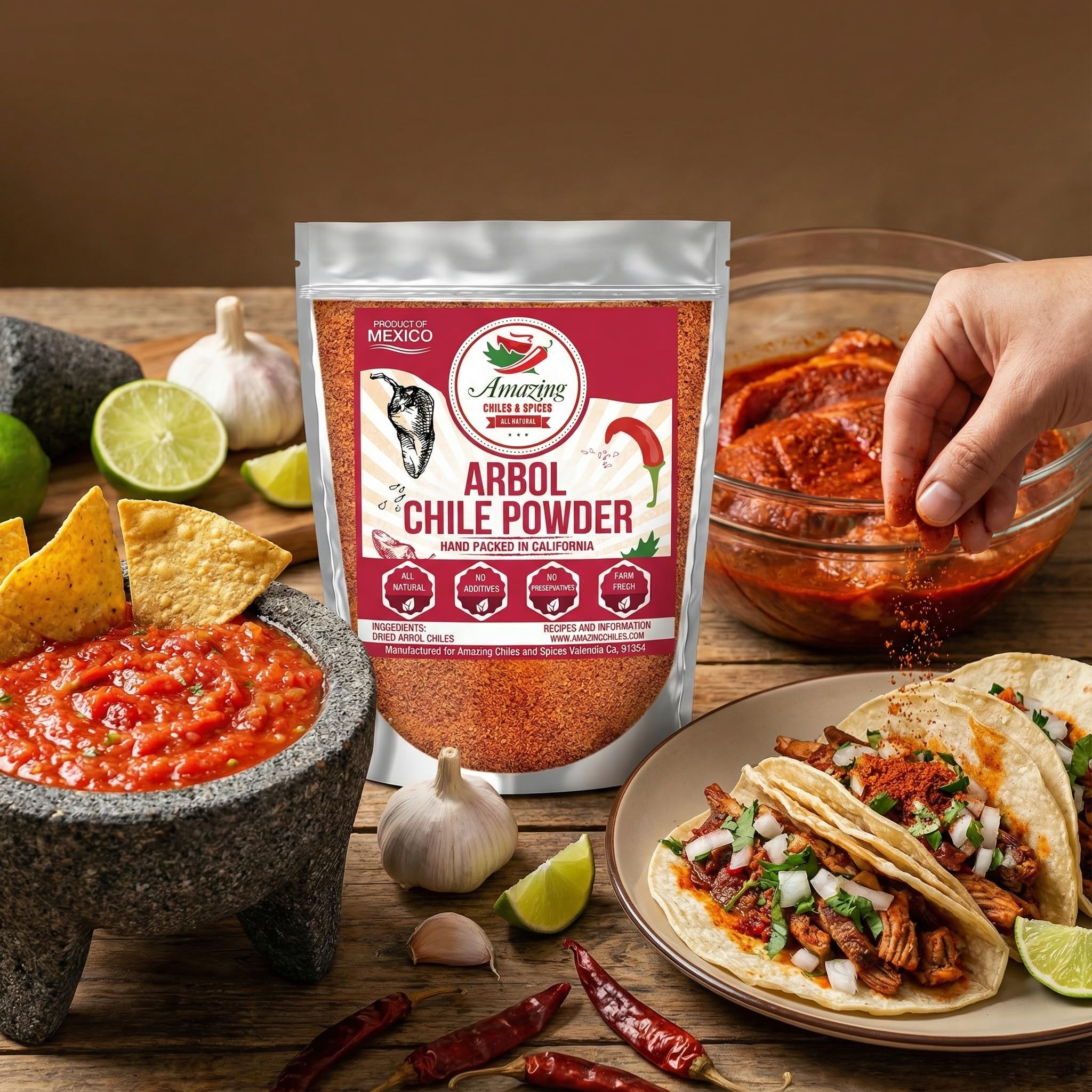 Close-up of Amazing Chiles & Spices arbol powder showing smoky, earthy texture.