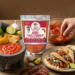 Close-up of Amazing Chiles & Spices arbol powder showing smoky, earthy texture.
