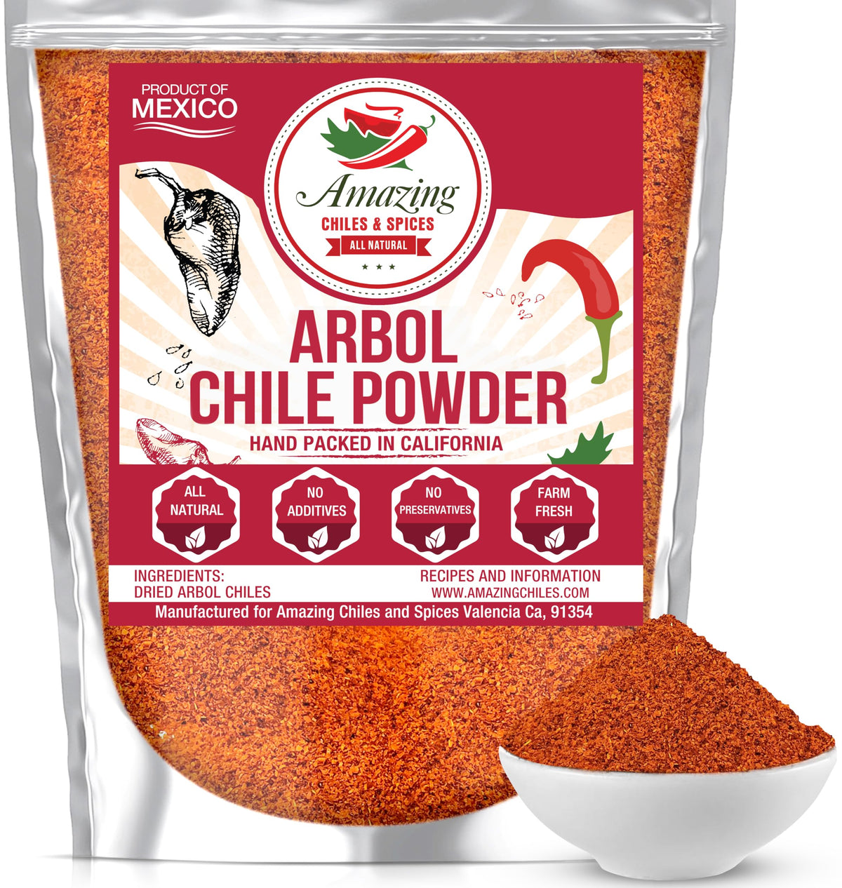 Amazing Chiles & Spices arbol powder in a jar enhances authentic Mexican flavor.