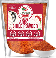 Amazing Chiles & Spices arbol powder in a jar enhances authentic Mexican flavor.
