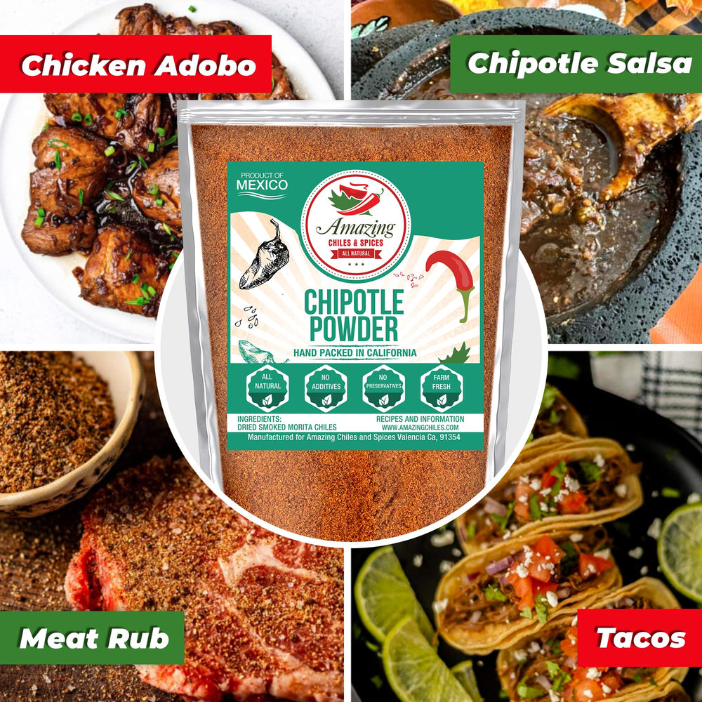 Amazing Chiles & Spices chipotle powder bottle pour highlights controlled heat.