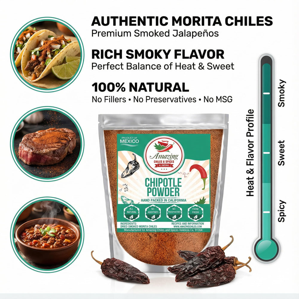 Amazing Chiles & Spices chipotle powder meat rub brings bold flavor.