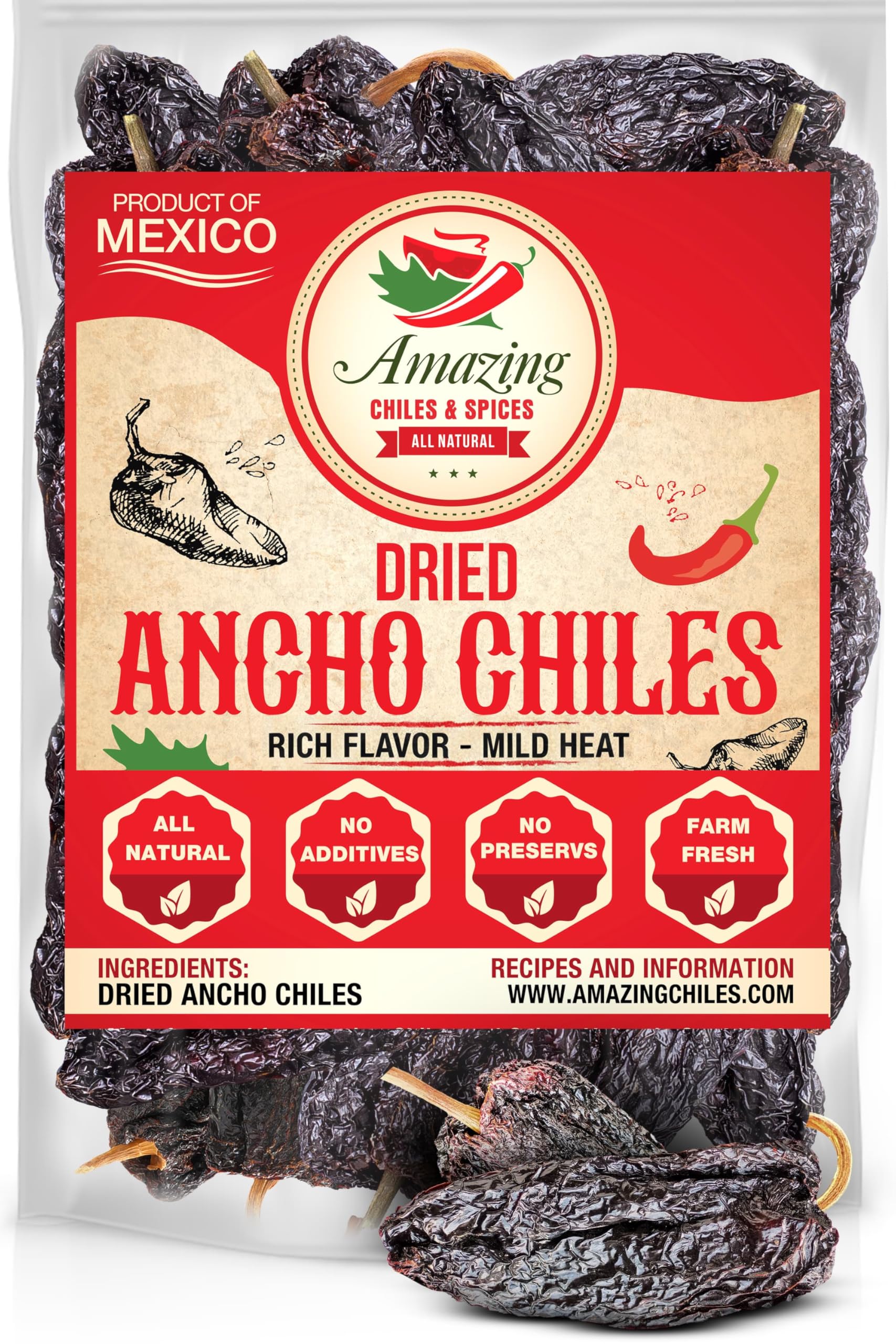 Amazing Chiles & Spices dried ancho chiles 8oz bag perfect for authentic mole and sauces.