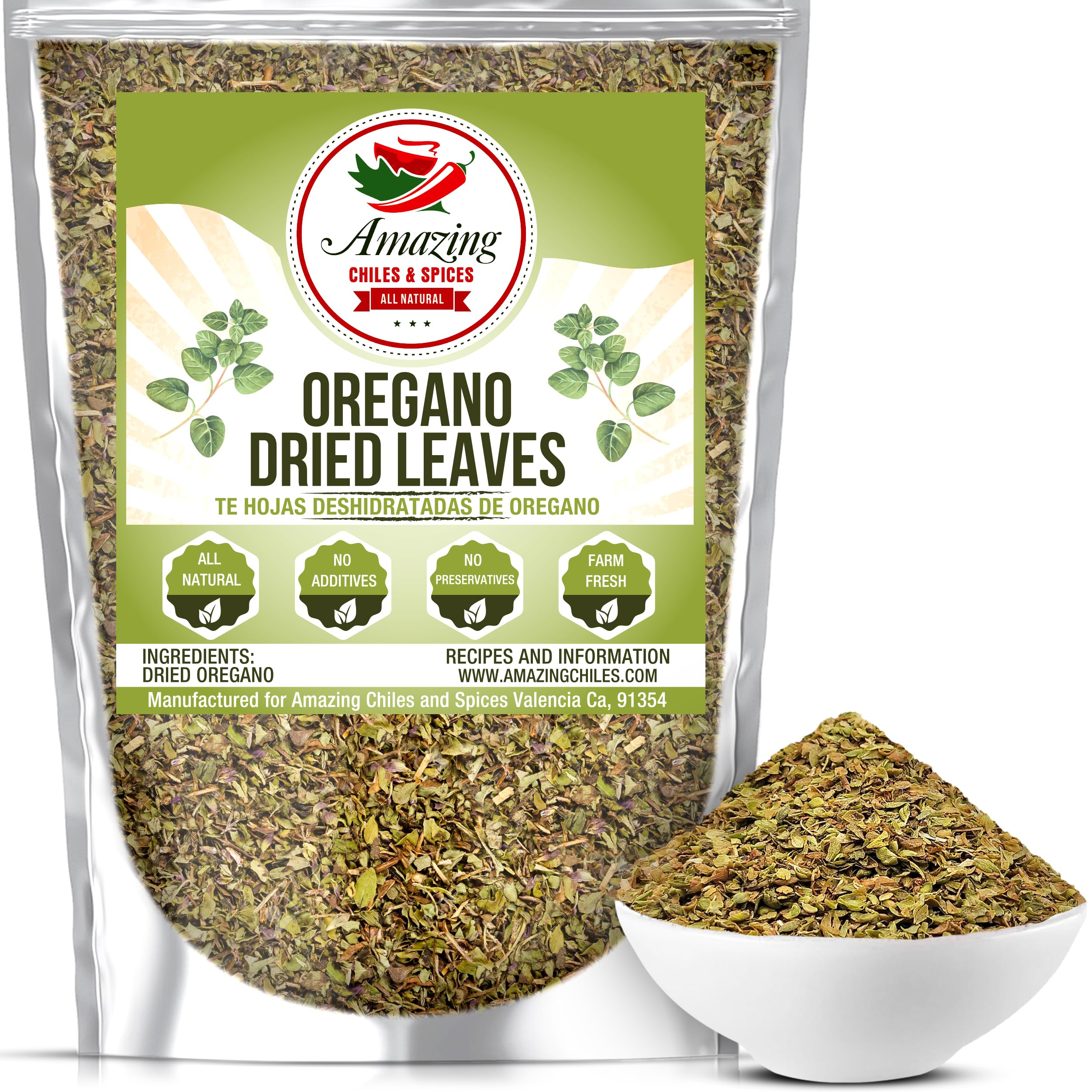 Amazing Chiles & Spices dried oregano leaf pack boosts Mediterranean aroma for soups and pasta.