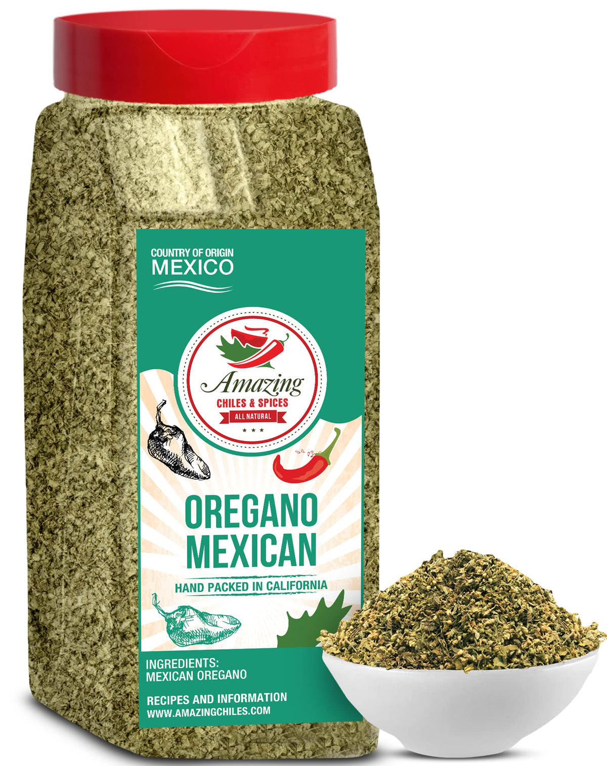 Amazing Chiles & Spices dried oregano leaves closeup for bright aroma in Mexican cooking.