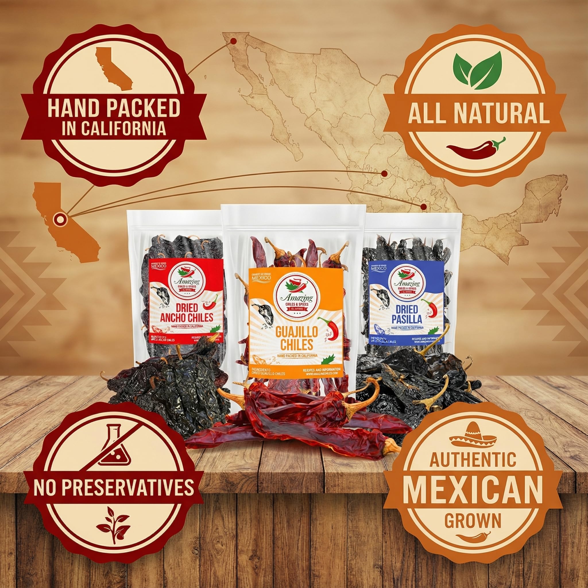 Amazing Chiles & Spices guajillo chiles closeup highlights medium heat and bright color.