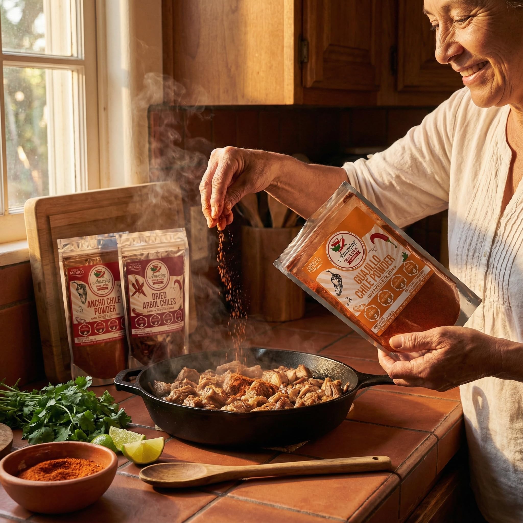 Amazing Chiles and Spices guajillo powder bag adds smoky, tangy flavor to sauces.