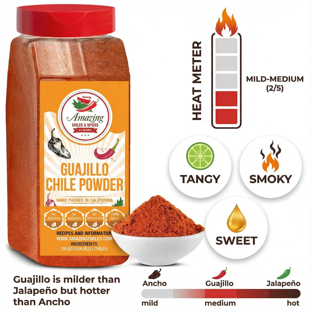 Front view of Amazing Chiles & Spices Guajillo Powder spice jars