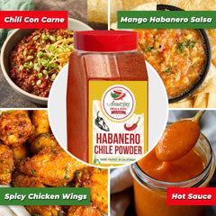 Close-up of Amazing Chiles & Spices habanero powder reveals fine texture and vibrant color