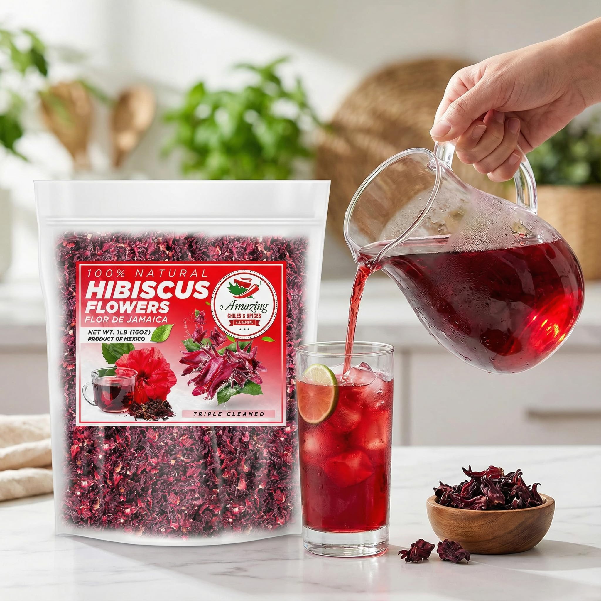 Closeup of fresh hibiscus flowers in 1lb bag by Amazing Chiles & Spices