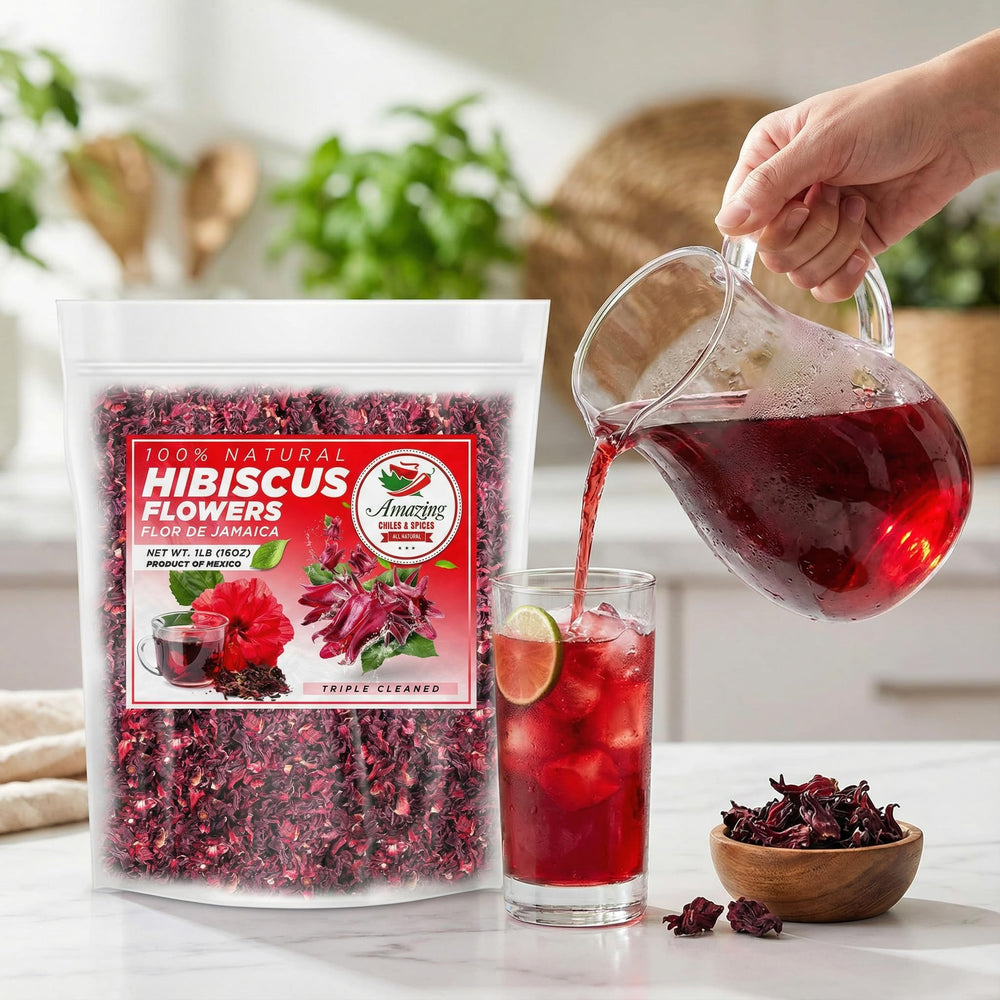 Closeup of fresh hibiscus flowers in 1lb bag by Amazing Chiles & Spices