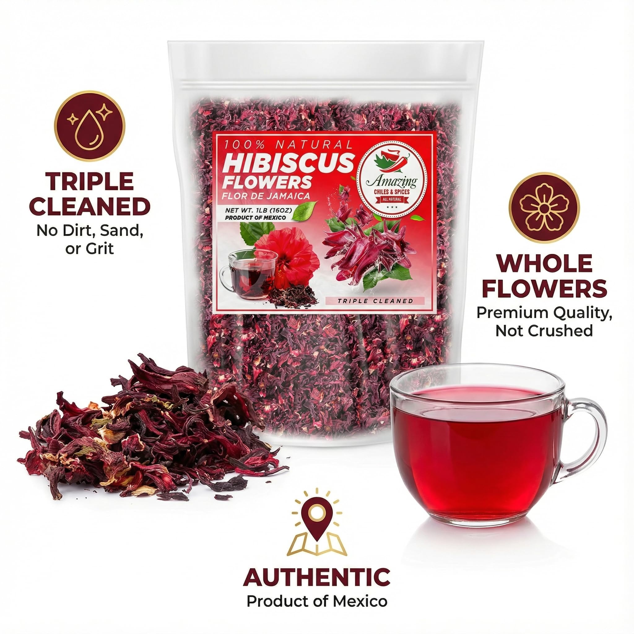 1lb hibiscus flowers packaging setup by Amazing Chiles & Spices