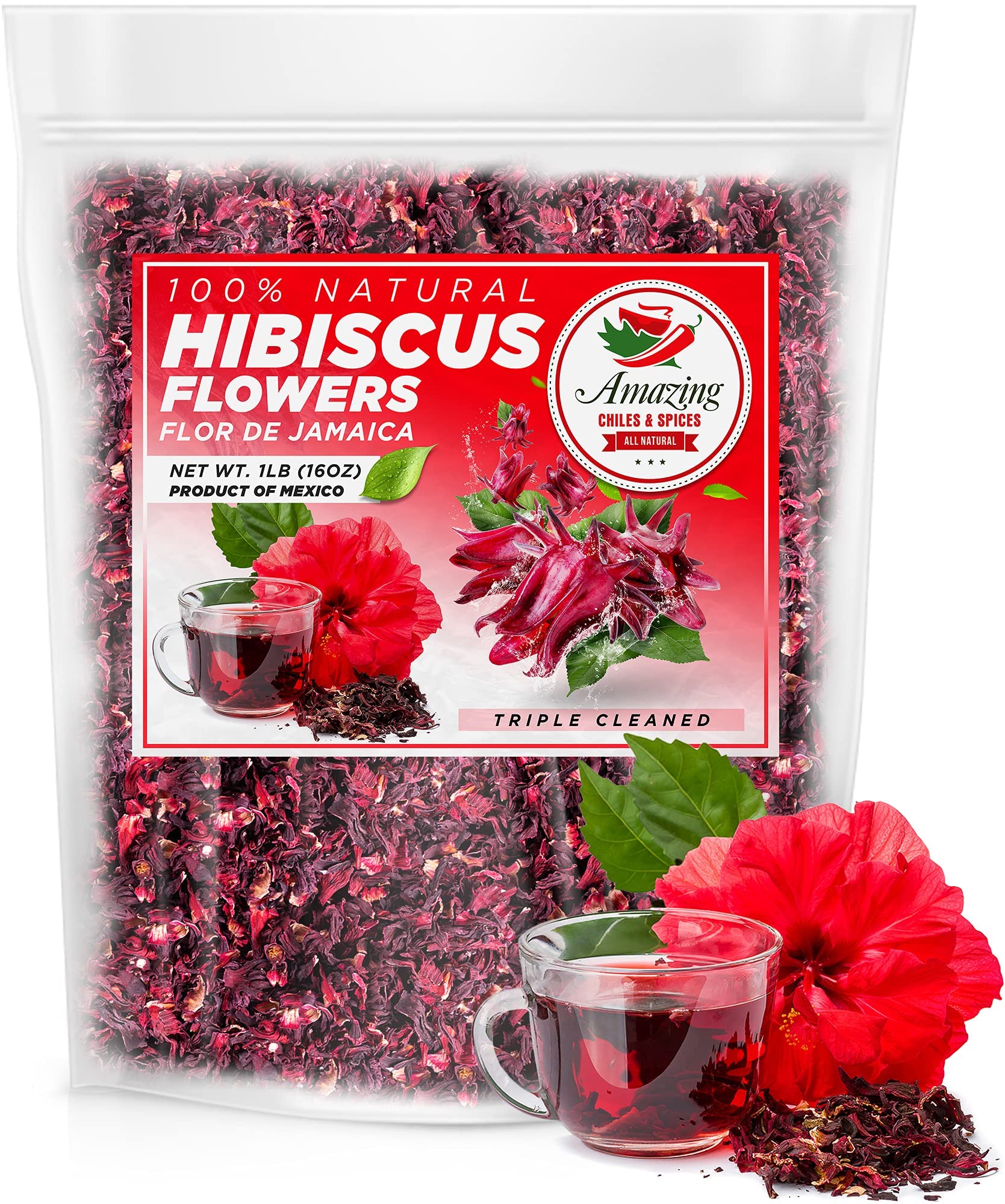 Amazing Chiles & Spices hibiscus flowers 2lb pack ready for hot or cold tea.