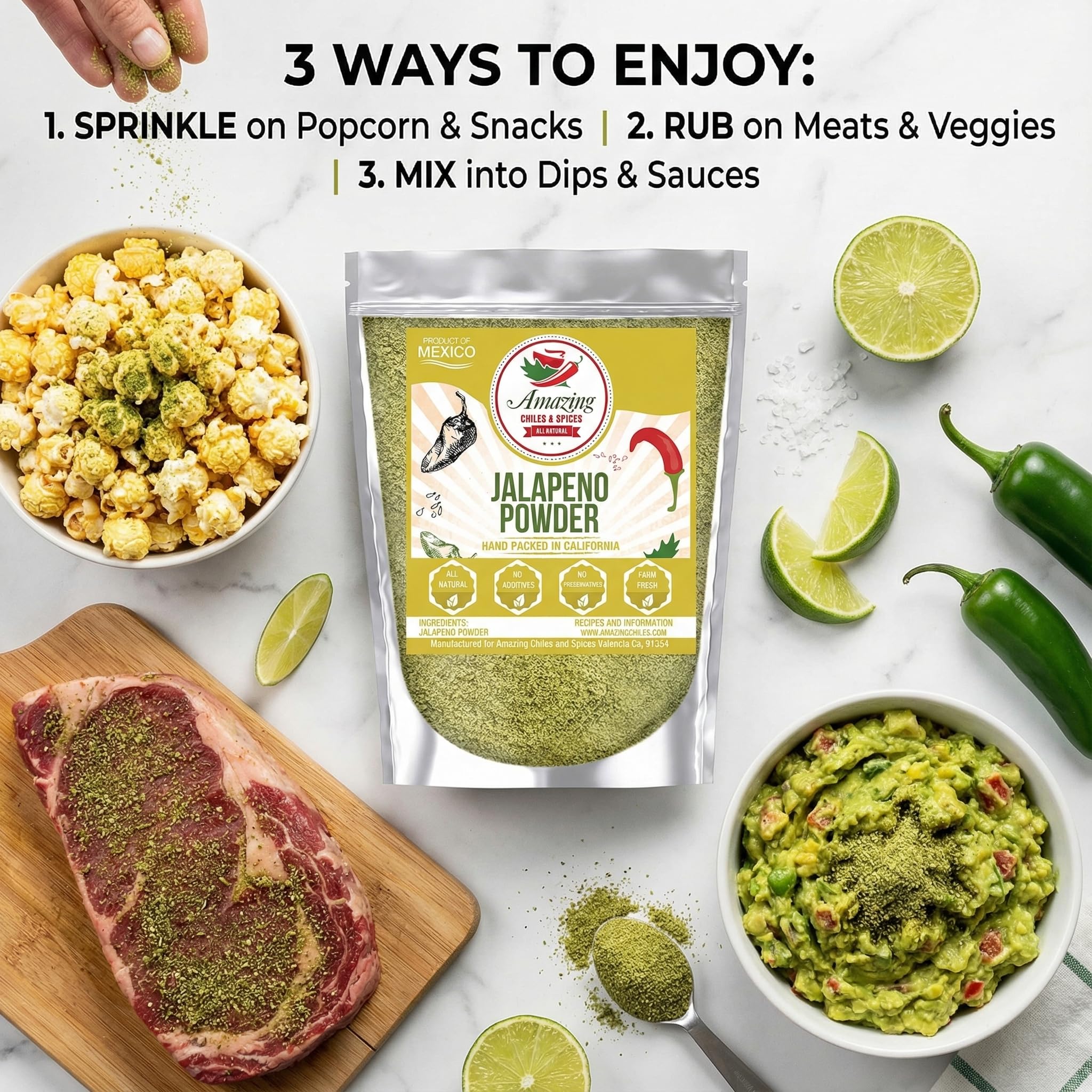 Jalapeno powder packaging highlights natural premium quality