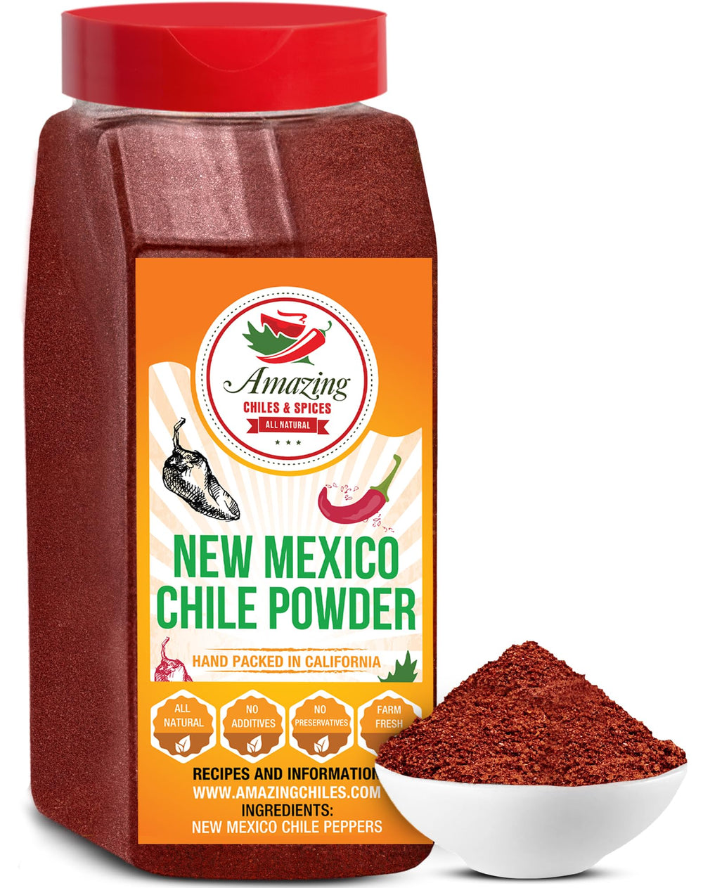 Amazing Chiles & Spices New Mexico chili powder bottle pour for rich flavor and moderate heat.