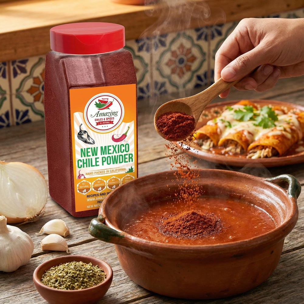 Stew bowl enriched by Amazing Chiles & Spices New Mexico chili powder with depth.
