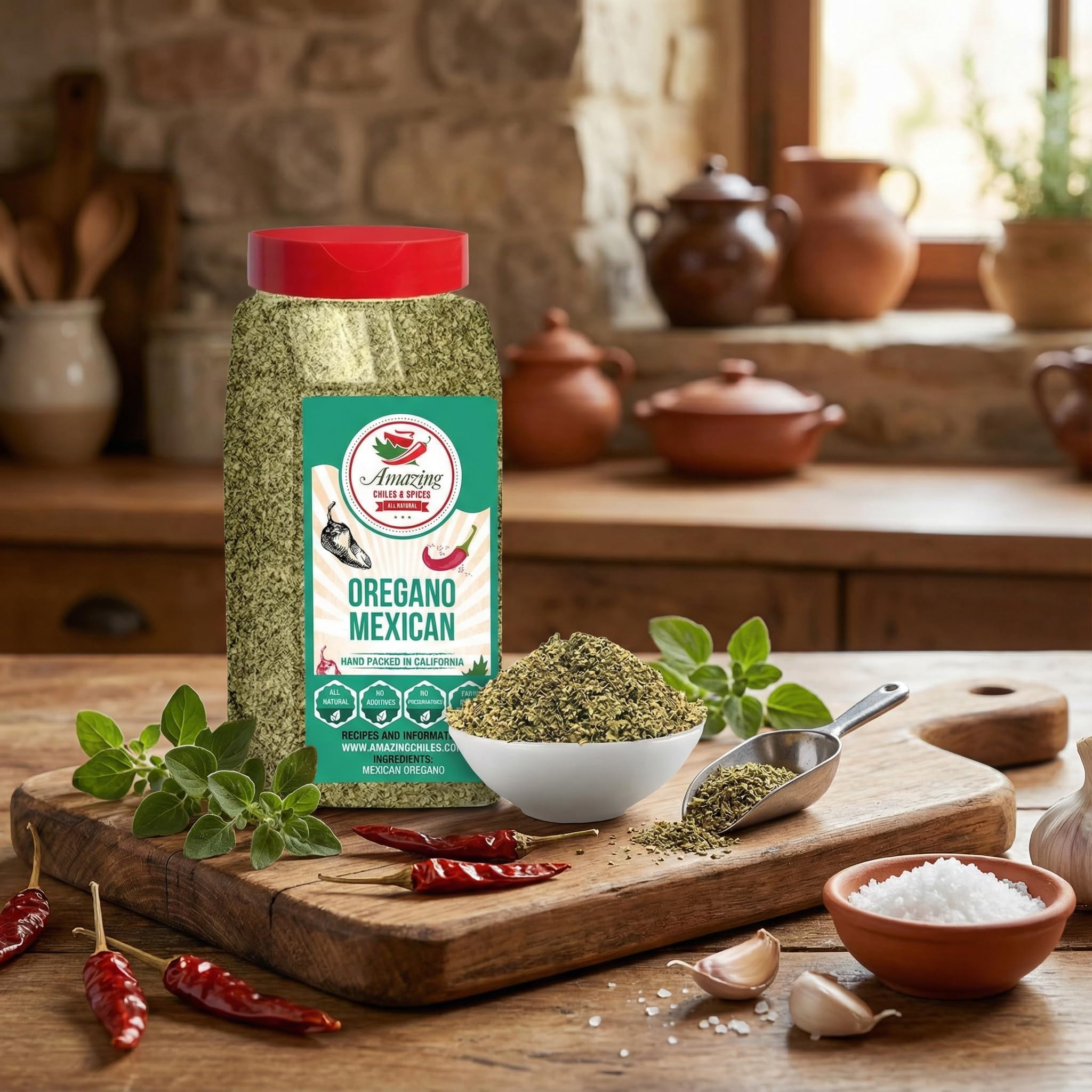 Amazing Chiles & Spices dried oregano leaves used as a meat rub for depth.