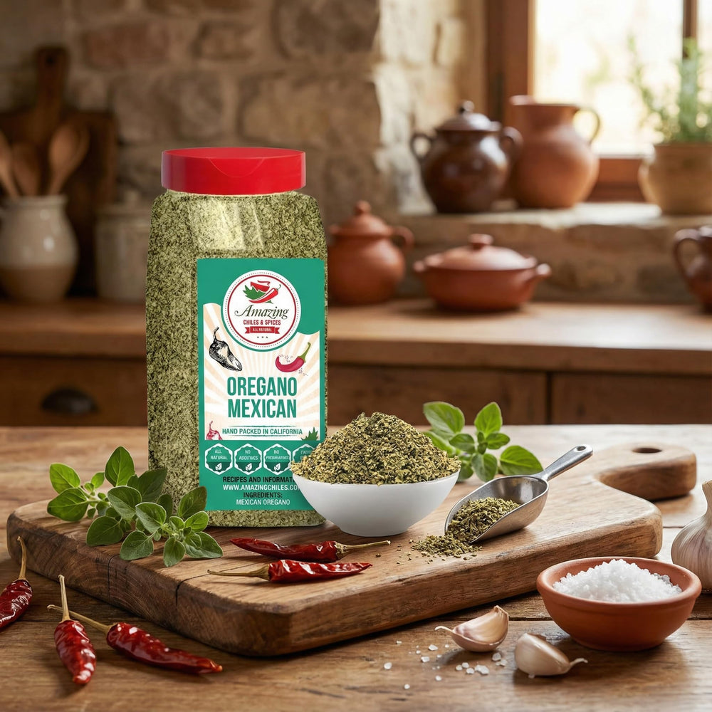 Amazing Chiles & Spices dried oregano leaves used as a meat rub for depth.