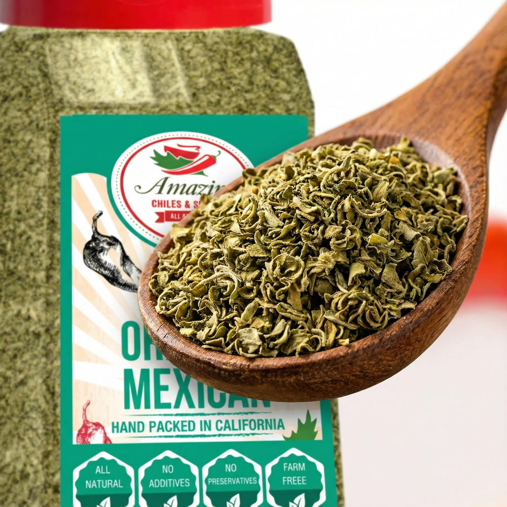 Amazing Chiles & Spices oregano over a saucepan to boost savory notes in dishes.