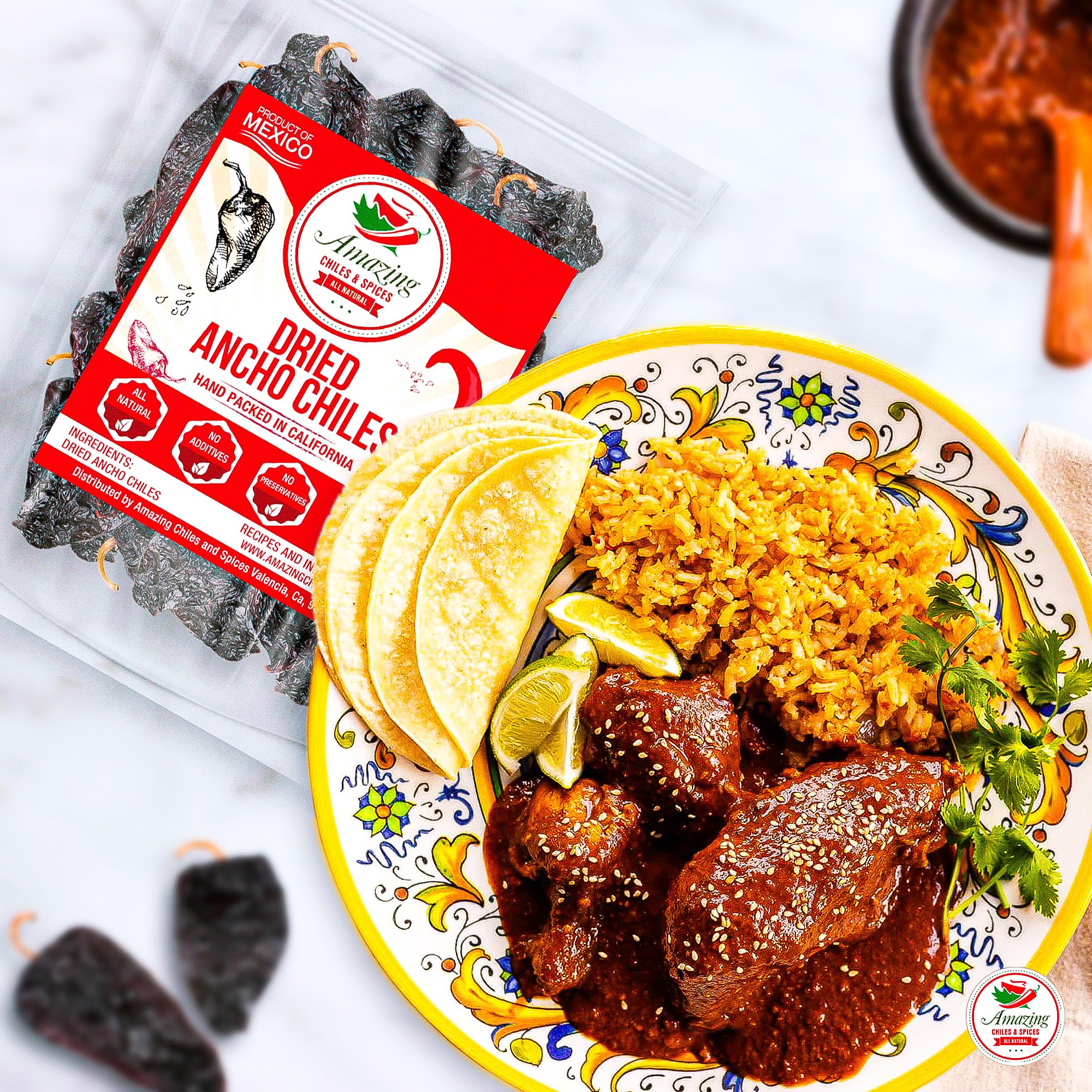 Amazing Chiles & Spices pasilla chiles closeup emphasizes smoky aroma for adobos.