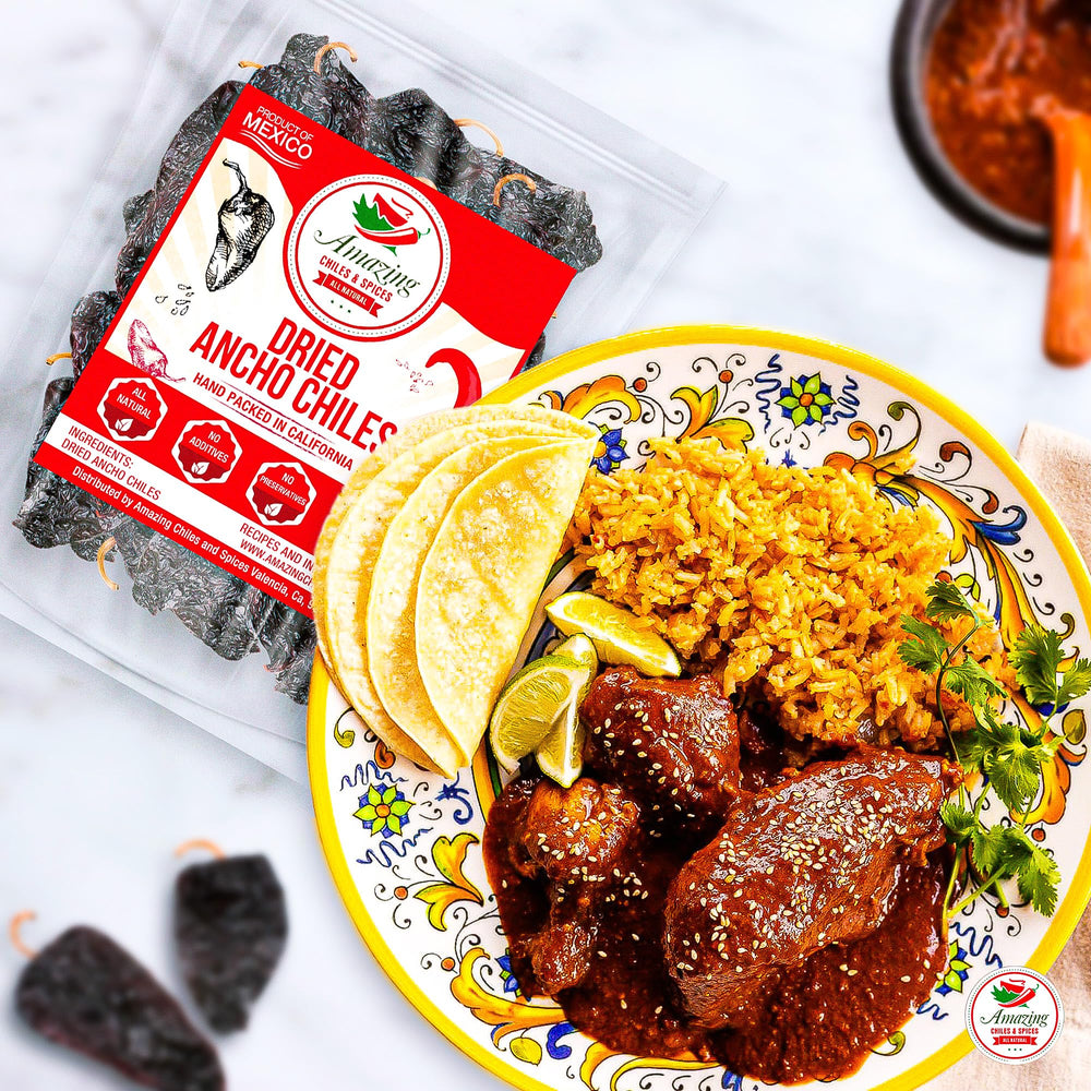 Amazing Chiles & Spices pasilla chiles closeup emphasizes smoky aroma for adobos.