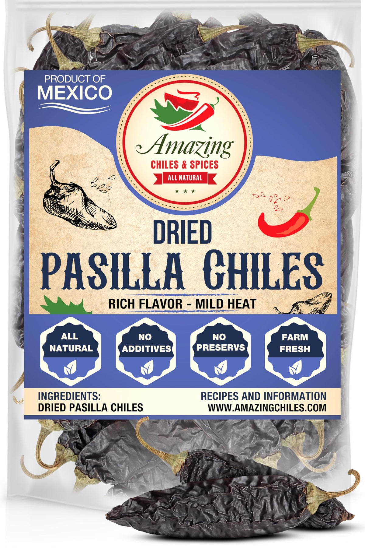 Amazing Chiles and Spices pasilla chiles dried 4 oz bag shows vibrant color for rich dishes