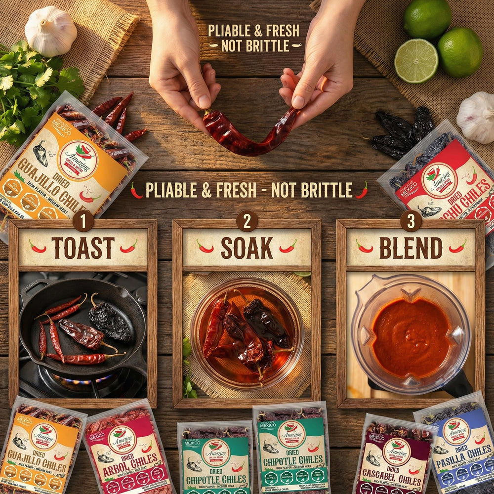 Amazing Chiles & Spices pasilla dried peppers for smoky depth