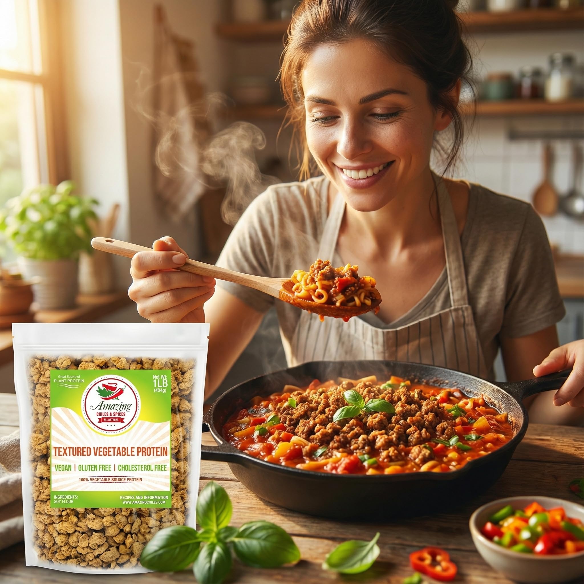 Amazing Chiles TVP cooking in pan; absorbs flavors for richer vegan dishes.