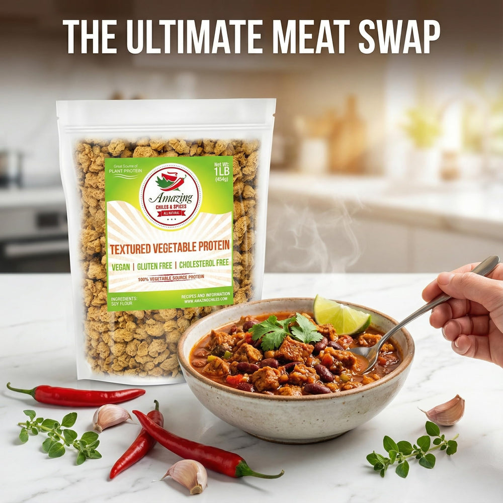 Amazing Chiles TVP gluten-free label; suitable for gluten-sensitive diets.