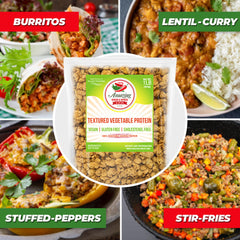 Amazing Chiles TVP bag closeup highlights fibrous texture ideal for hearty meat-free meals.