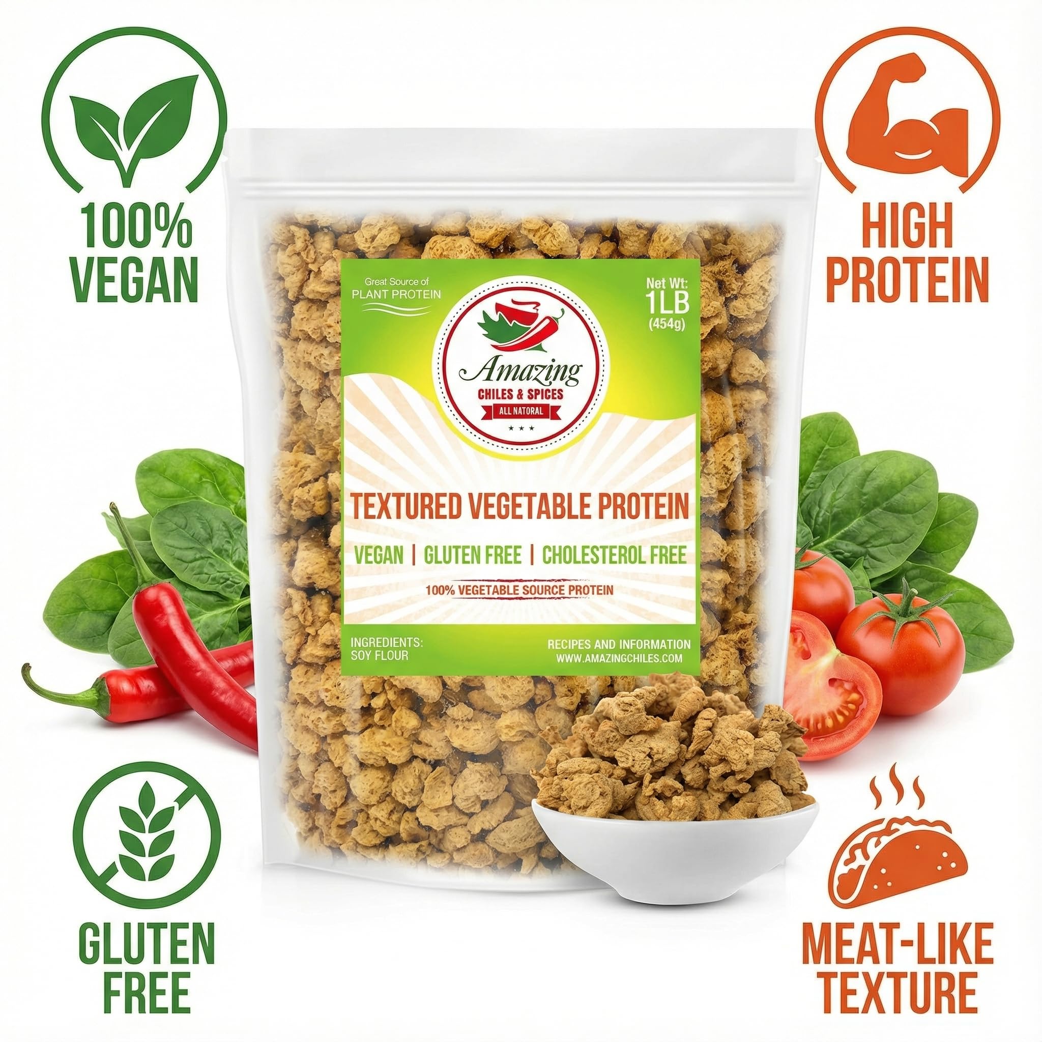 Amazing Chiles TVP vegan protein; convenient ready-to-use crumbles for quick meals.