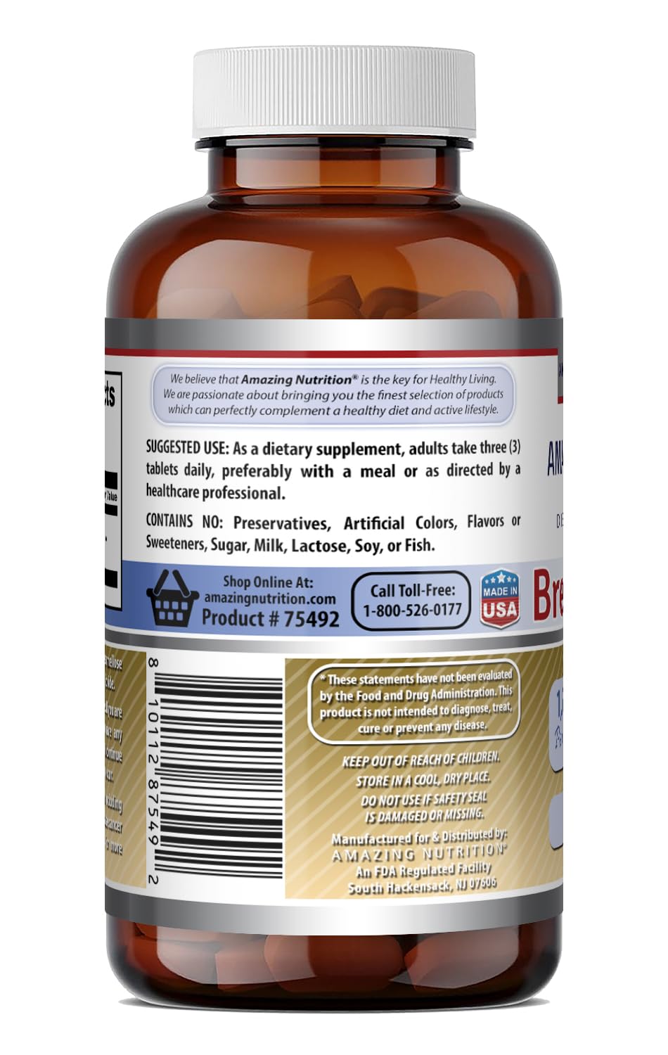 Amazing Formulas Brewers Yeast serving shows three tablets per serving for dosing.