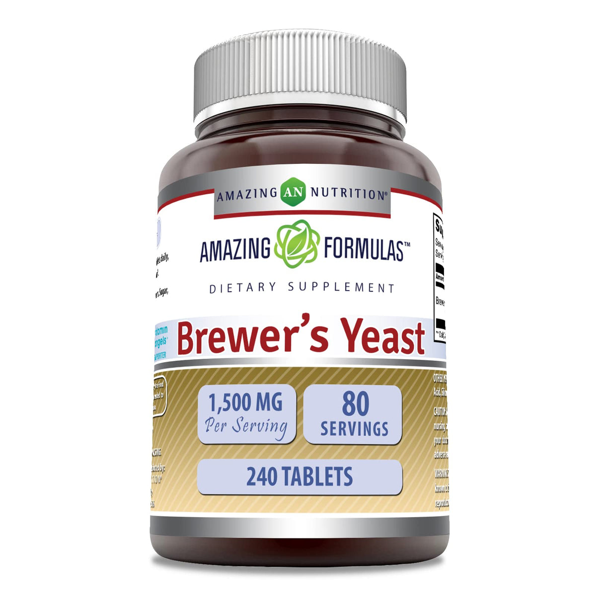 Amazing Nutrition's Amazing Formulas brewer's yeast bottle shows 1500 mg per serving for daily supplementation.