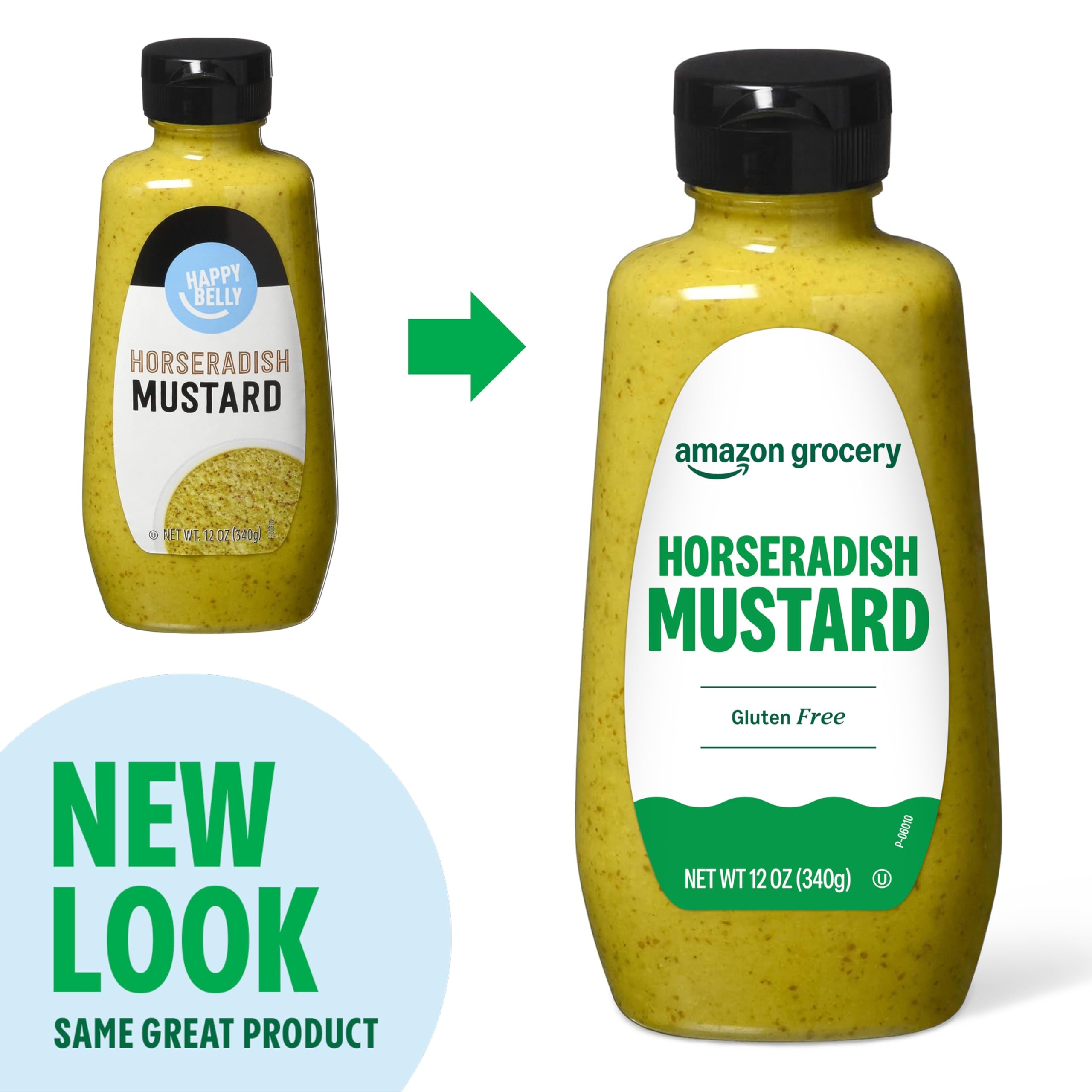 Amazon Brand Happy Belly Horseradish Mustard packaging on shelf, ready to lift recipes.