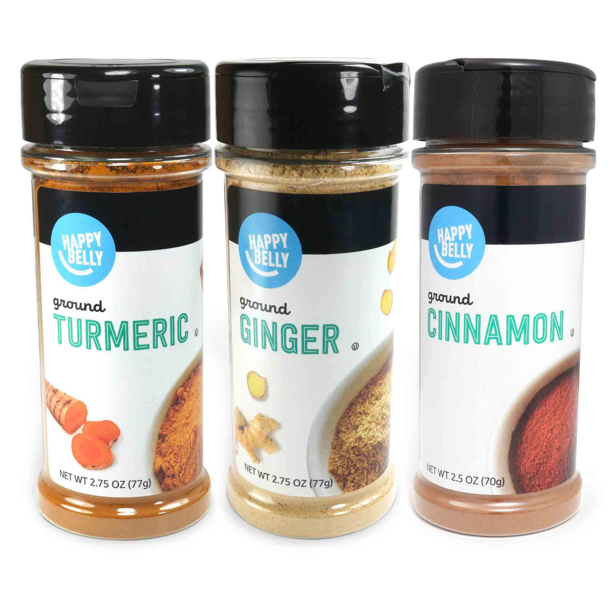 Amazon Brand Happy Belly Wellness Spices turmeric bottle with earthy aroma enhances curries.