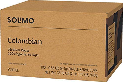 Amazon Brand Solimo 100-count Colombian coffee pods for convenience.