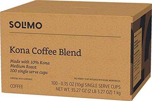 Solimo Kona Blend brewing image demonstrates compatibility with Keurig brewers
