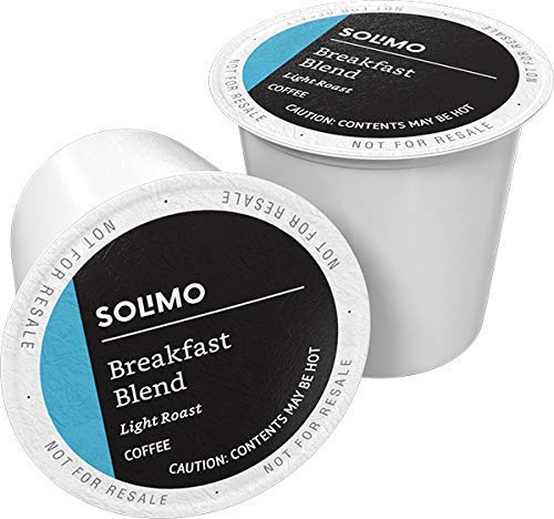 Solimo light roast coffee pods box showing breakfast blend for quick mornings.