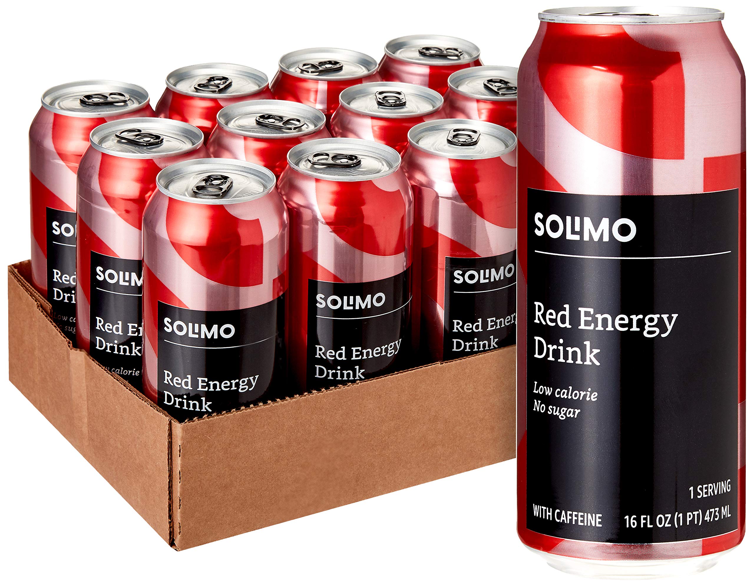 Solimo Red Energy Drink pack of 12 cans, front view, zero sugar for a light energy lift.