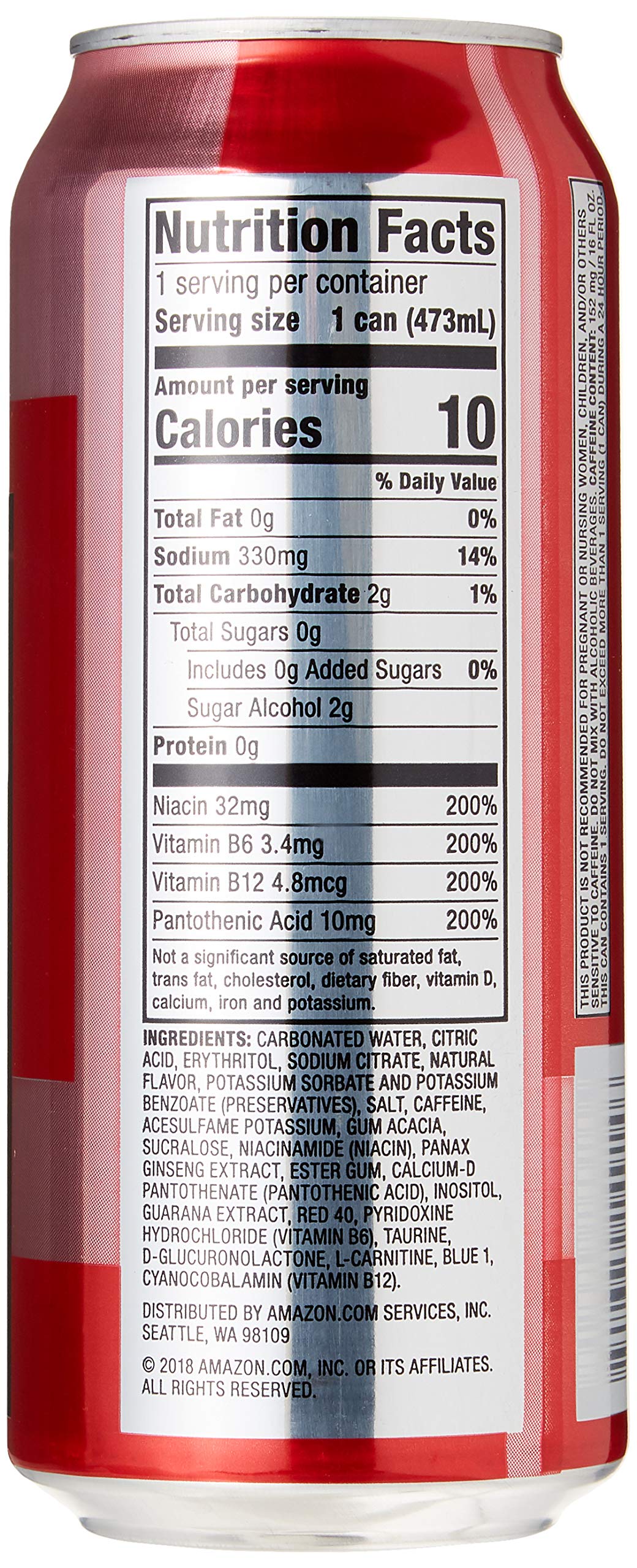 Solimo Red Energy Drink label close-up, showing zero sugar and low-calorie profile.
