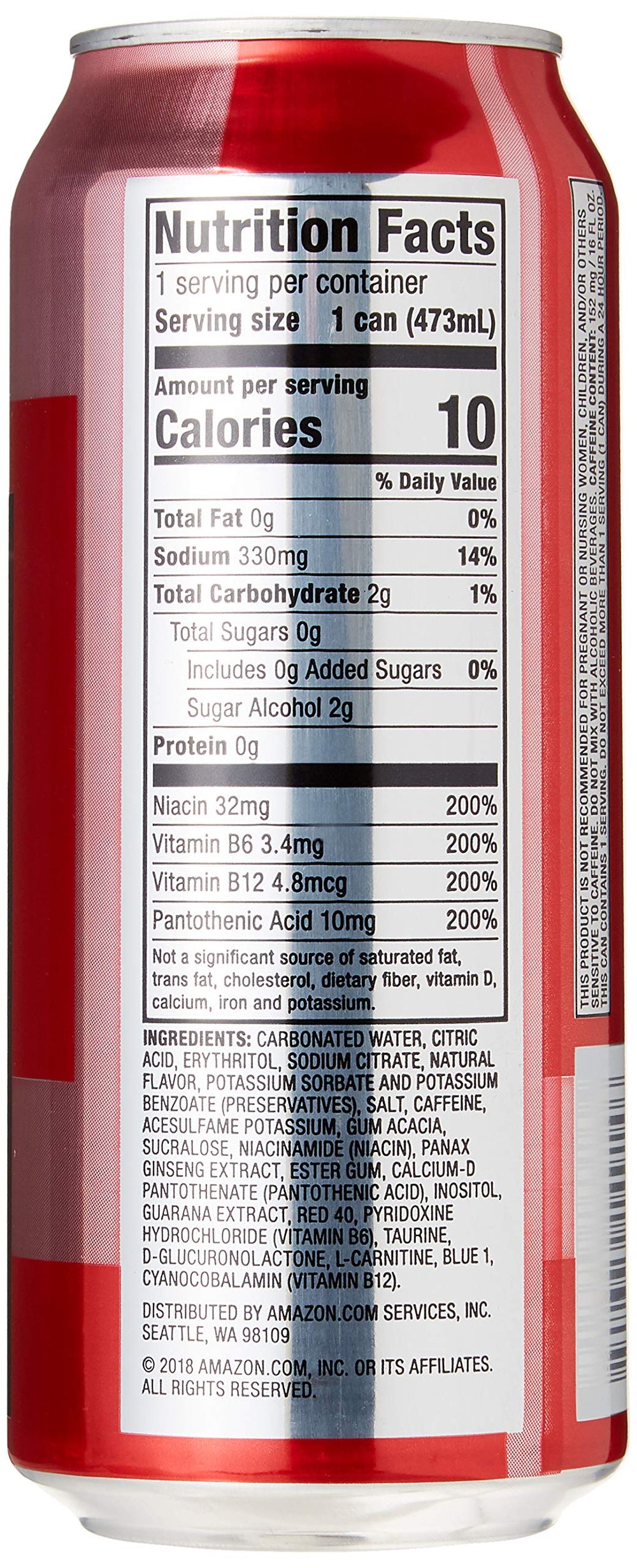 Solimo Red Energy Drink label close-up, showing zero sugar and low-calorie profile.