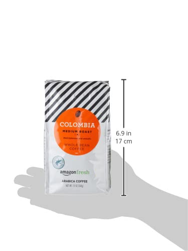 Amazon Fresh Colombia coffee packaging shown in a kitchen.