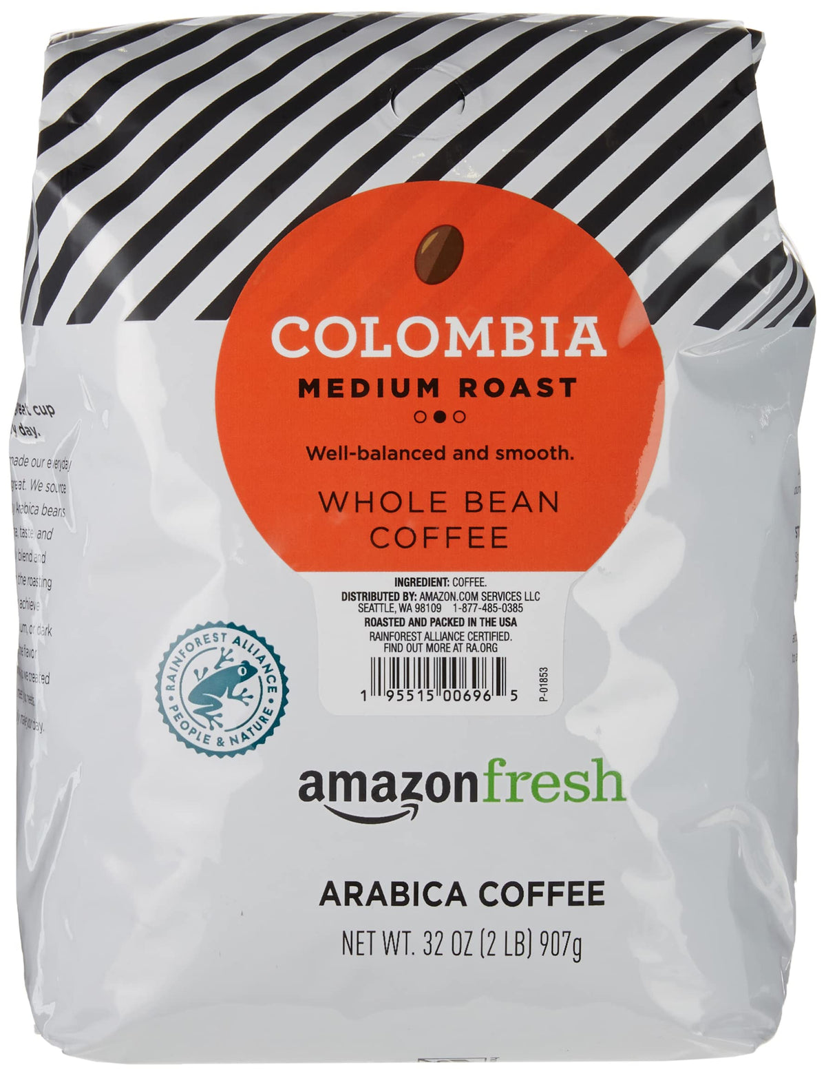 Amazon Fresh Colombia whole beans in a 32 oz bag for rich aroma.
