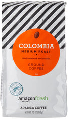 Amazon Fresh Colombia ground coffee bag highlights freshness for your morning brew.
