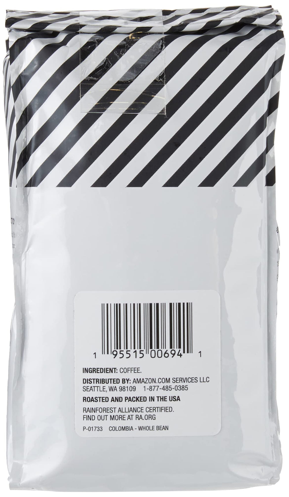 Closeup of Amazon Fresh Colombia whole bean coffee bag