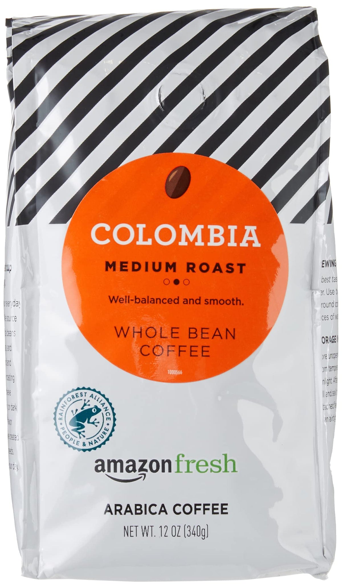 Amazon Fresh Colombia whole bean coffee packaging on shelf